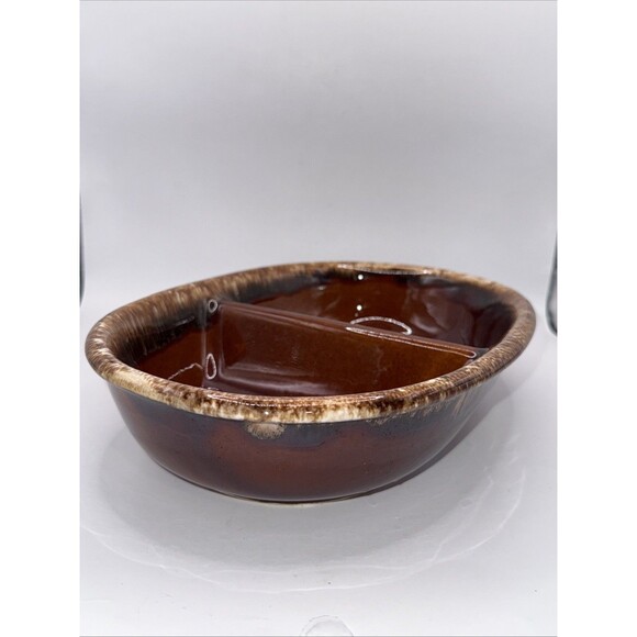 Vintage H.P. Hull USA Brown Drip Pottery Divided Casserole Dish Oven Proof EUC - Picture 5 of 8